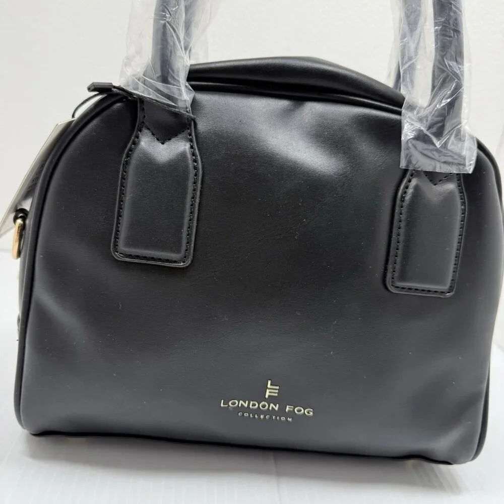 London Fog Doctor Bag Mini Smooth PU Satchel Black Crossbody Top Handle Bag NWT